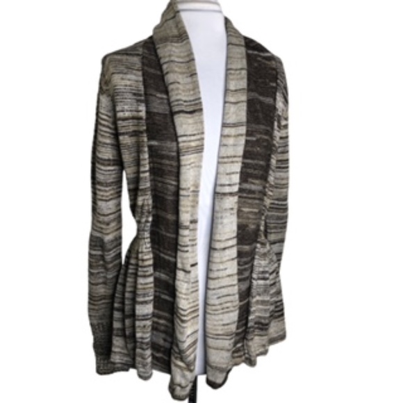 One A Elastic Waist Open Front Rolled Collar Horizontal Stripe Cardigan Size L - Picture 3 of 11